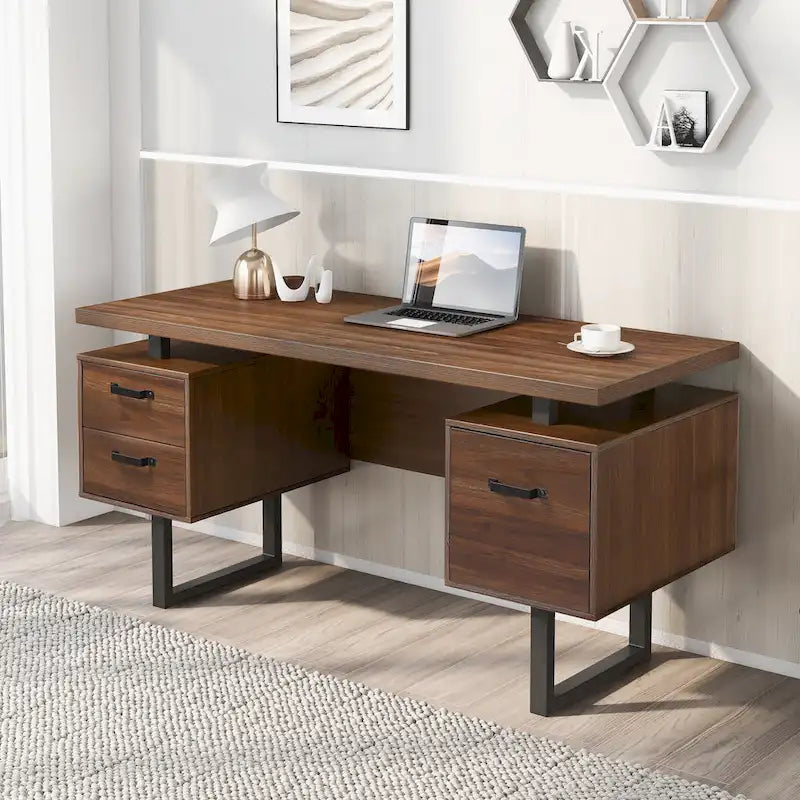 Bureau moderne en noyer avec 3 tiroirs, rangement pour dossiers suspendus et surface étanche de 68,5 cm pour bureau à domicile ou petits espaces de travail
