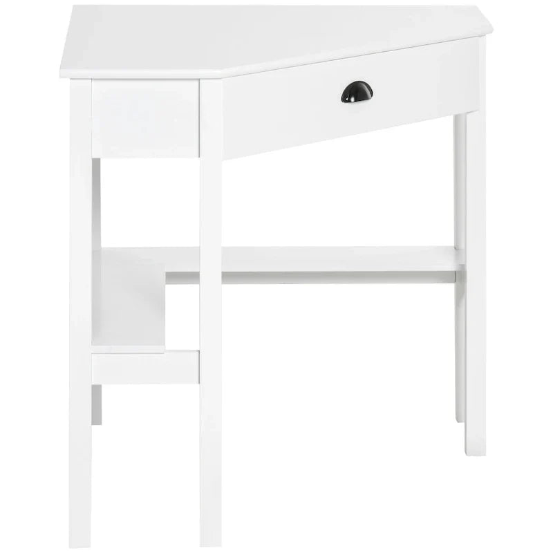 Bureau d'angle moderne et compact avec tiroir coulissant et étagères ouvertes pour petites pièces, espaces de travail ou zones d'exposition