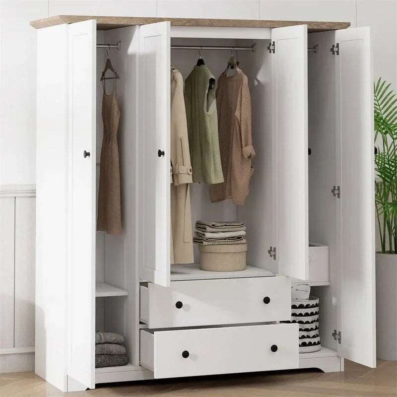 Armoire 4 portes avec 2 tiroirs de rangement et tringles, Penderie de chambre en bois avec étagères de rangement