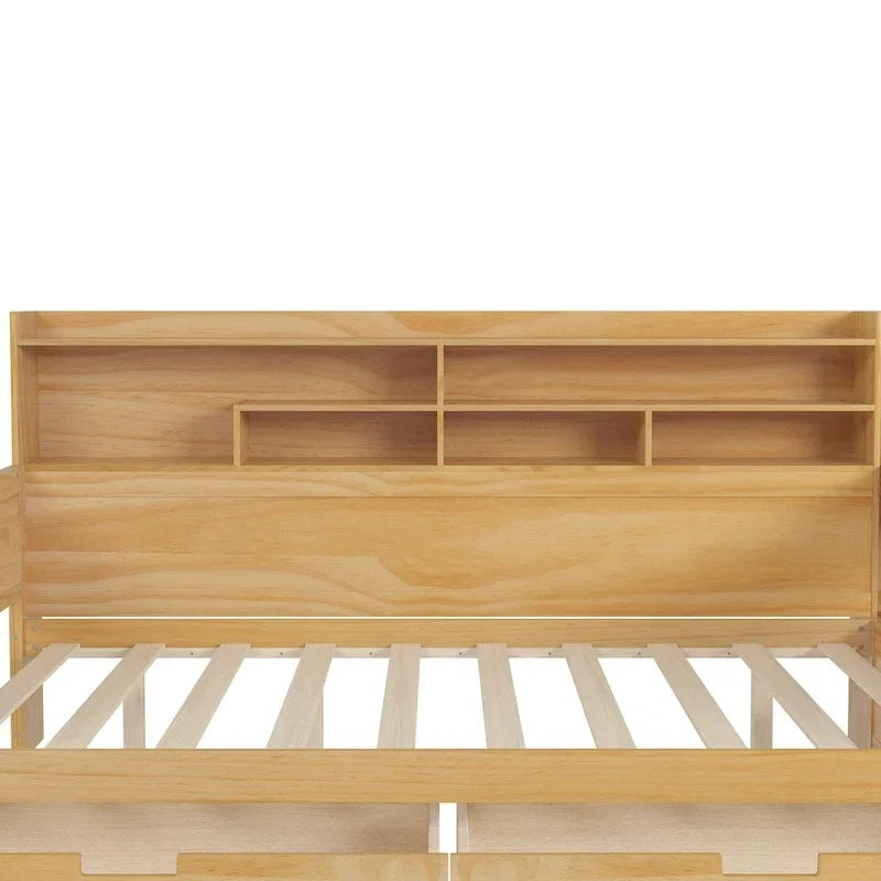 Lit banquette multifonctionnel grand format avec étagères de rangement, deux tiroirs et bureau intégré
