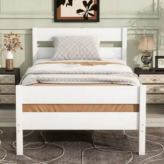 Lit jumeau avec tête et pied de lit, blanc, design compact avec rangement