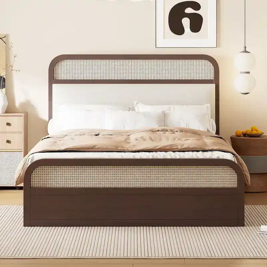 Lit plateforme en bois rotin bohème Queen avec tête de lit en bois, lit gigogne et 2 tiroirs de rangement