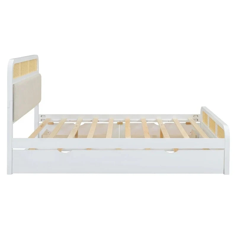 Lit plateforme en bois rotin bohème Queen avec tête de lit en bois, lit gigogne et 2 tiroirs de rangement