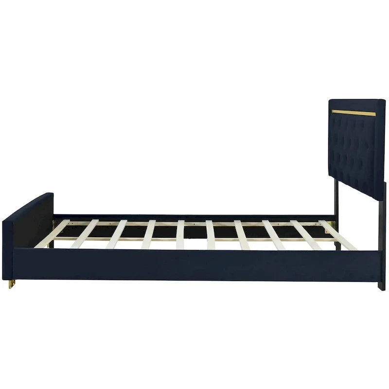 Lit plateforme capitonné Queen Size avec tête de lit capitonnée à points de traction