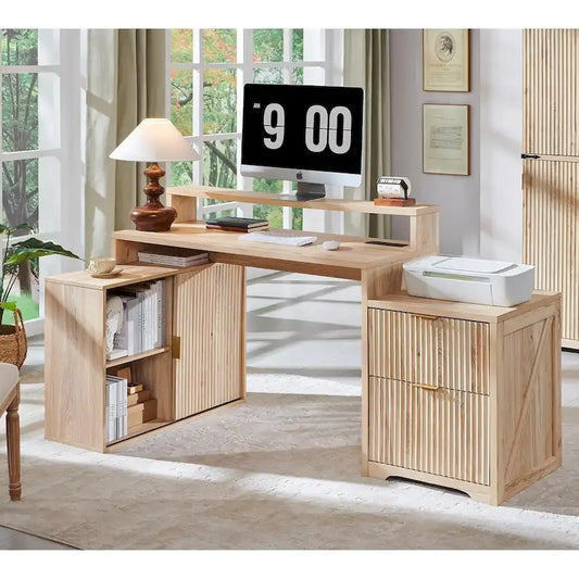 Bureau d'angle moderne en L de 67 pouces, bureau d'ordinateur de maison en bois avec station de charge