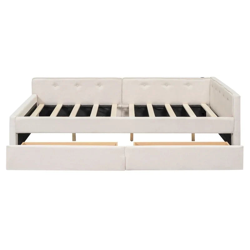 Lit plateforme rembourré avec banquette d'angle en L, 2 tiroirs et ports USB intégrés, canapé-lit bas avec balustrade capitonnée.