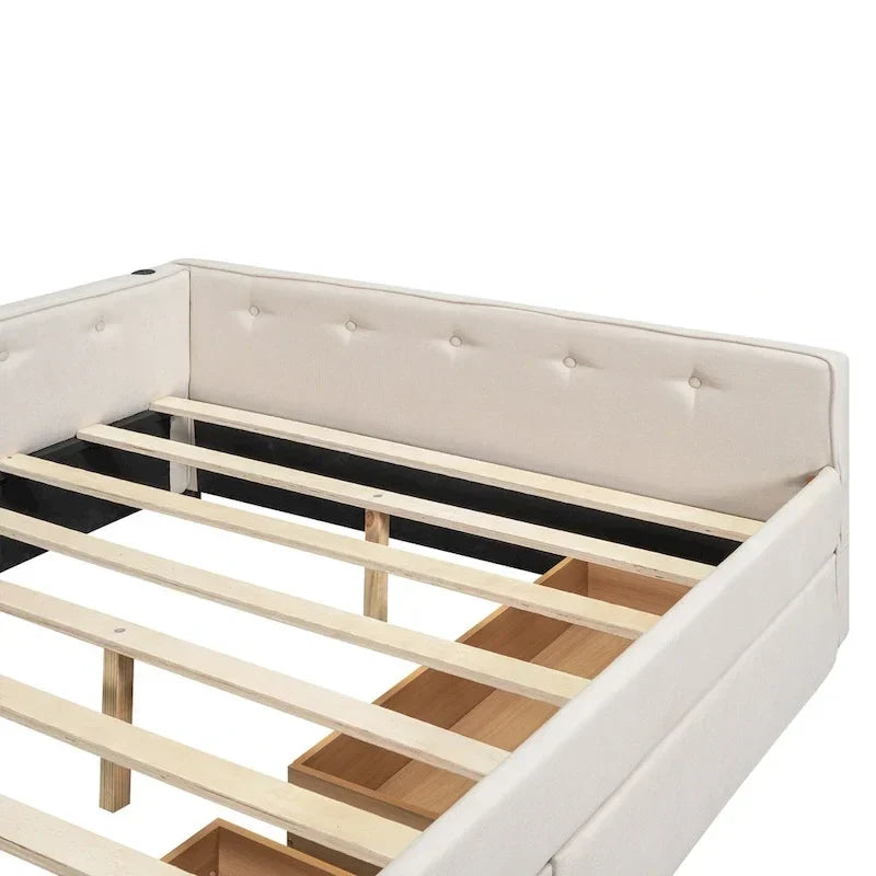 Lit plateforme rembourré avec banquette d'angle en L, 2 tiroirs et ports USB intégrés, canapé-lit bas avec balustrade capitonnée.