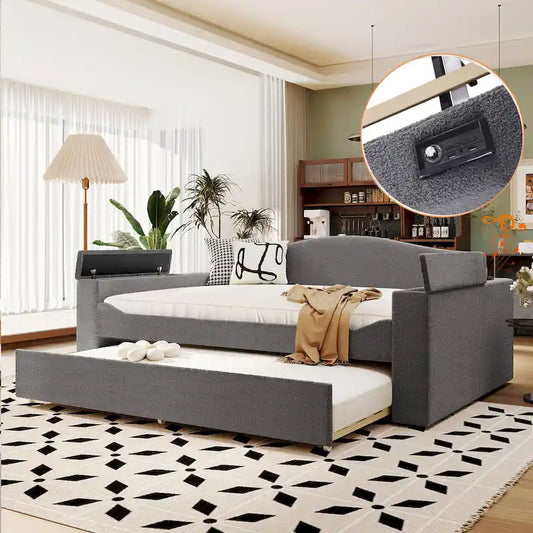 Lit de repos capitonné pour une personne avec accoudoirs de rangement, lit gigogne et système audio Bluetooth intégré dernière génération, en molleton doux, beige