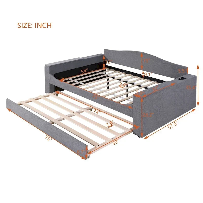 Lit de repos capitonné pour une personne avec accoudoirs de rangement, lit gigogne et système audio Bluetooth intégré dernière génération, en molleton doux, beige