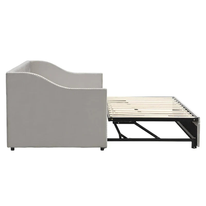 Lit de repos capitonné pour lit jumeau avec lit gigogne escamotable, gris