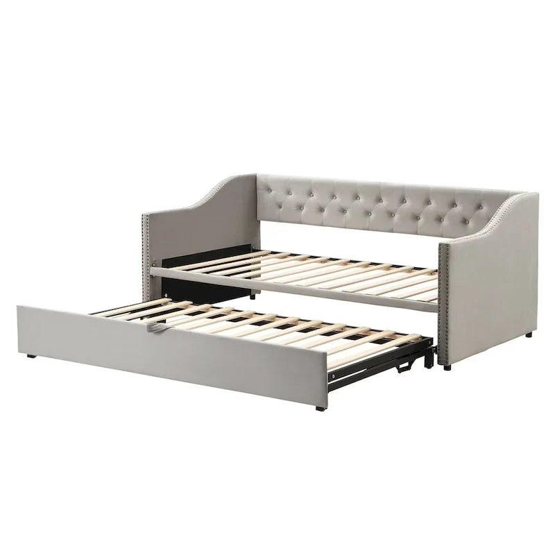 Lit de repos capitonné pour lit jumeau avec lit gigogne escamotable, gris
