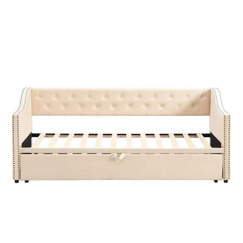 Lit de repos capitonné pour lit jumeau avec lit gigogne escamotable, gris