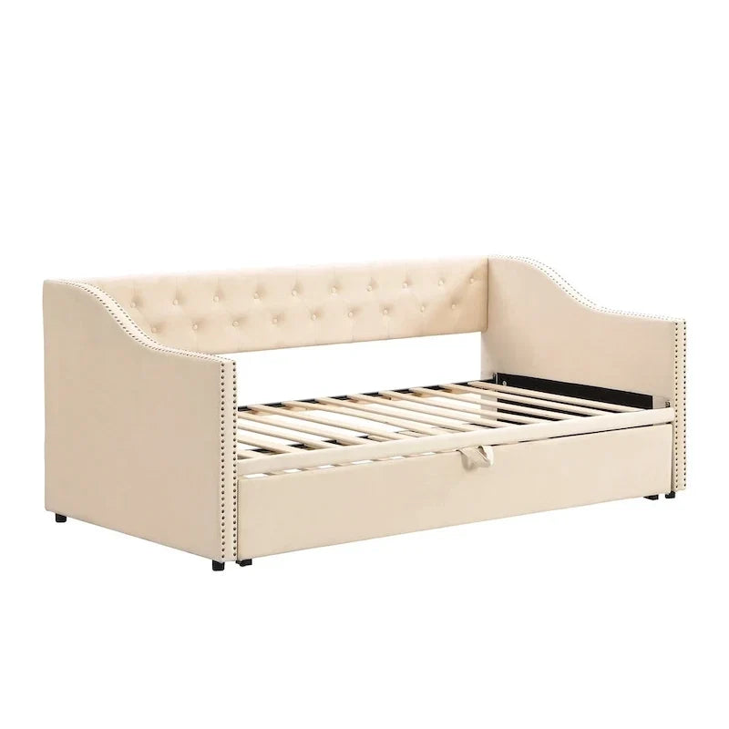 Lit de repos capitonné pour lit jumeau avec lit gigogne escamotable, gris