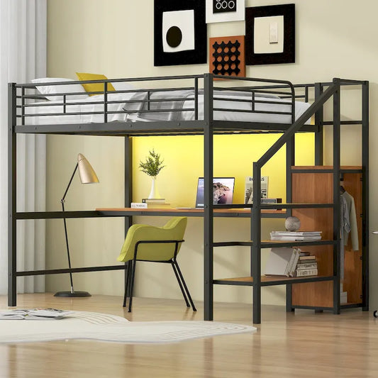 Lit mezzanine pleine grandeur avec bureau, escalier de rangement, petite armoire, lumière LED