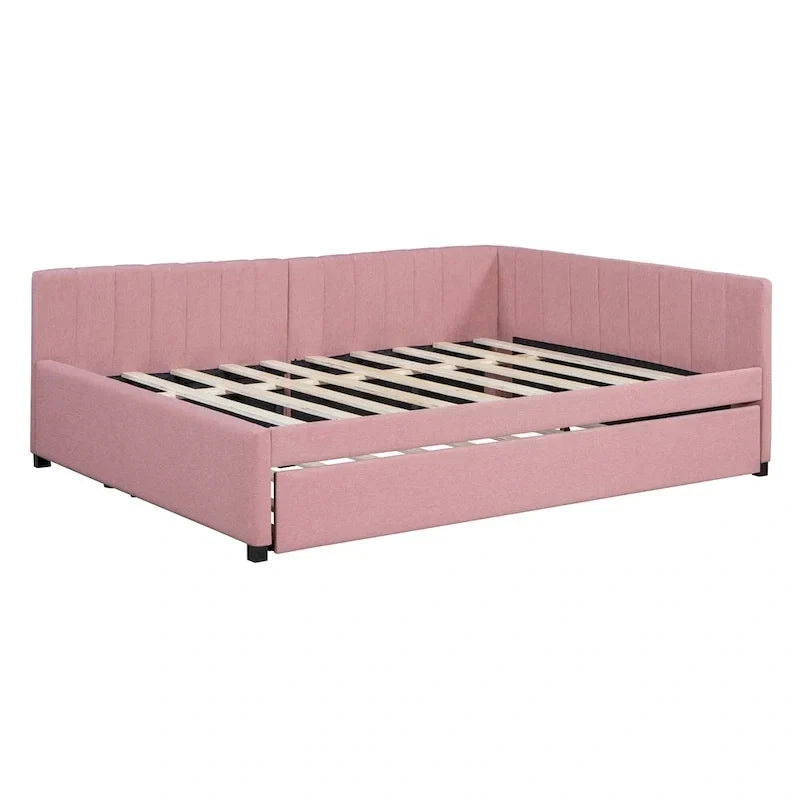 Lit de repos rembourré pleine grandeur avec lit gigogne, aucun sommier tapissier requis, tissu de lin, beige