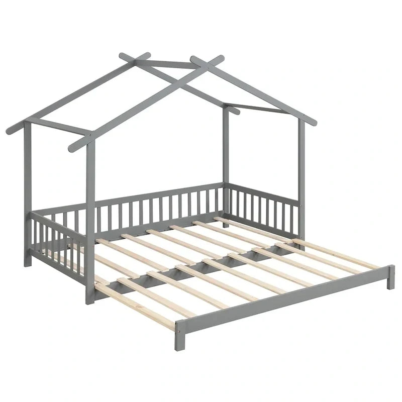 Gymax Lit cabane en bois, taille double à très grand lit avec barrières de sécurité et décors