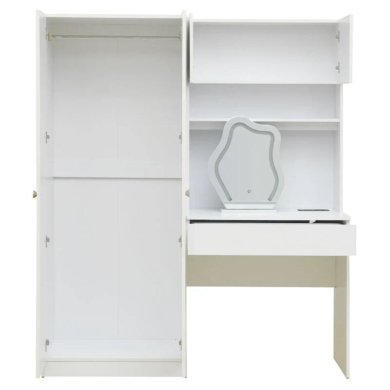 Penderie 4-en-1 avec coiffeuse, armoire de chambre avec miroir éclairé, armoire à deux portes