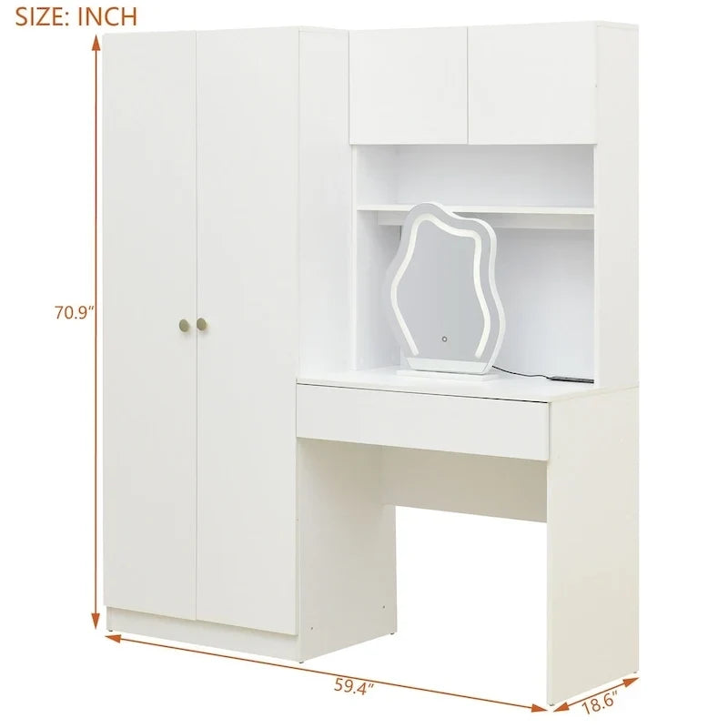 Penderie 4-en-1 avec coiffeuse, armoire de chambre avec miroir éclairé, armoire à deux portes