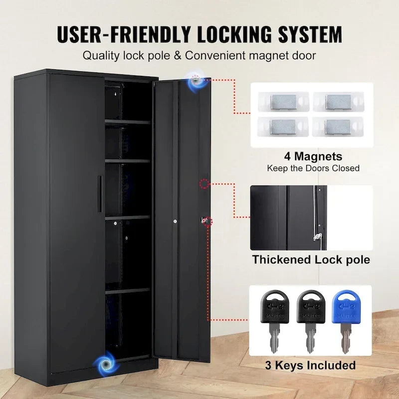 Armoire de rangement métallique verrouillable de 75 pouces avec 4 étagères réglables et 2 portes magnétiques
