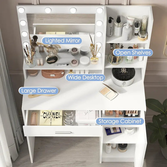 Coiffeuse avec miroir et lumières, Coiffeuse de maquillage avec tiroir et étagères de rangement, Table de maquillage avec 3 modes d'éclairage