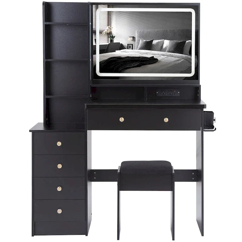 Coiffeuse avec miroir LED tactile, table de maquillage avec support pour sèche-cheveux, ensemble coiffeuse avec tabouret rembourré