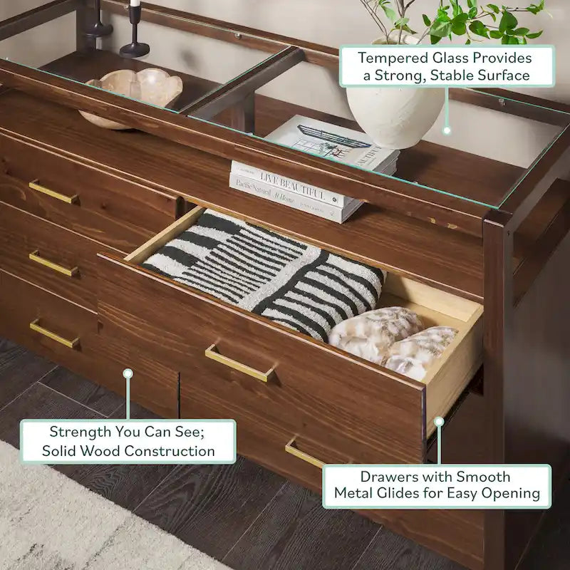 Commode en bois massif Walker Edison avec plateau en verre trempé