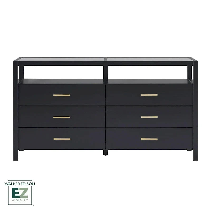 Commode en bois massif Walker Edison avec plateau en verre trempé