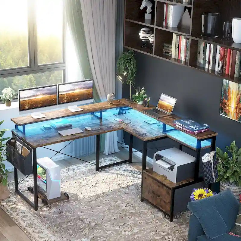 Bureau d'angle en forme de L avec tiroir de classement et support d'imprimante, bureau d'angle réversible pour ordinateur avec prise de courant et bande LED