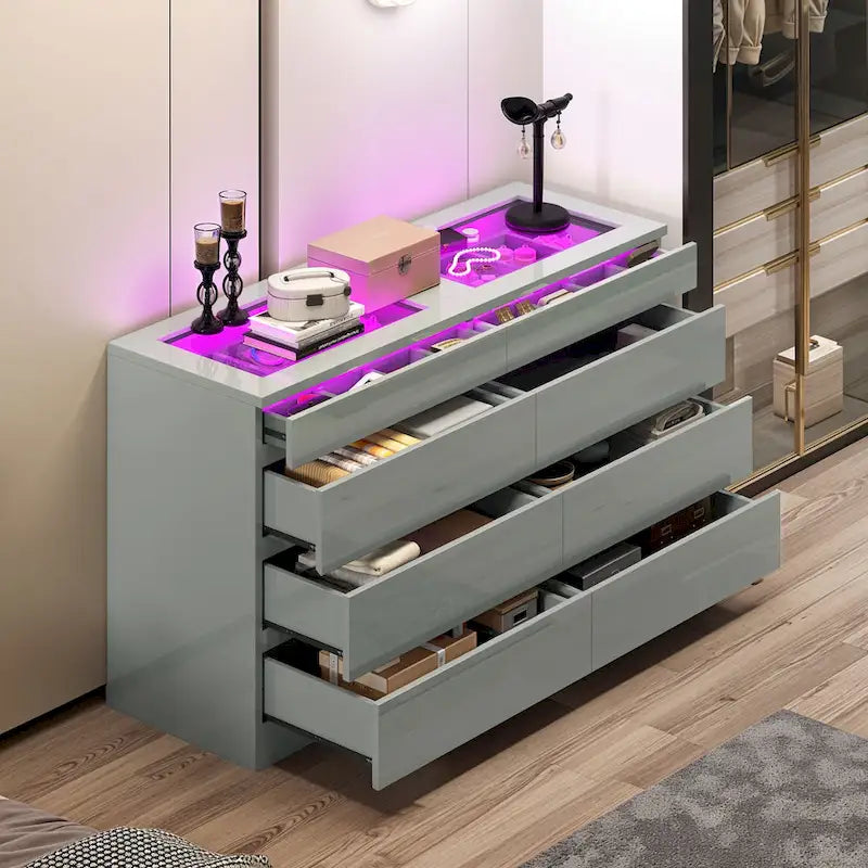Commode 8 tiroirs Moasis avec lumière RVB, commode de rangement horizontale haute brillance