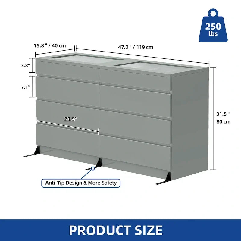 Commode 8 tiroirs Moasis avec lumière RVB, commode de rangement horizontale haute brillance