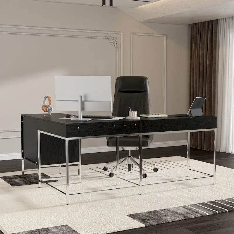 Bureau d'angle en bois noir avec tiroirs, cadre en acier, poste de travail de direction moderne