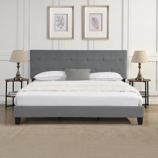Lit plateforme King Size rembourré avec tête de lit en tissu lin capitonné