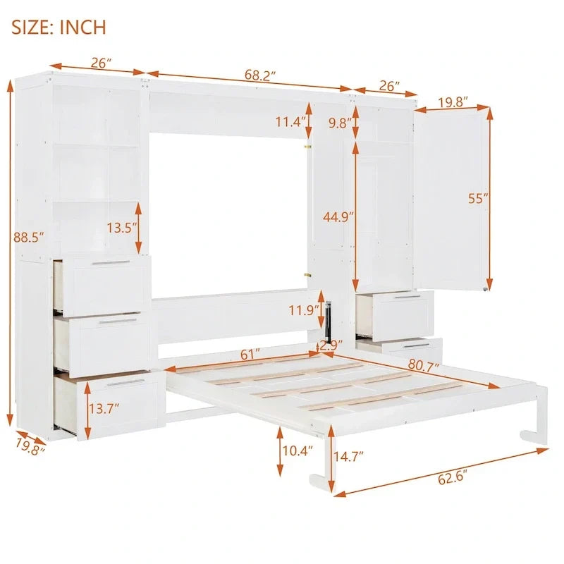 Lit escamotable Queen moderne avec placard et tiroirs