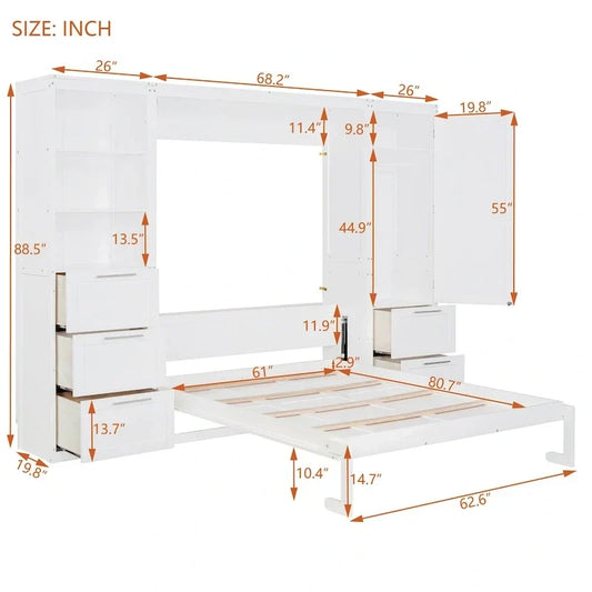 Lit escamotable Queen moderne avec placard et tiroirs