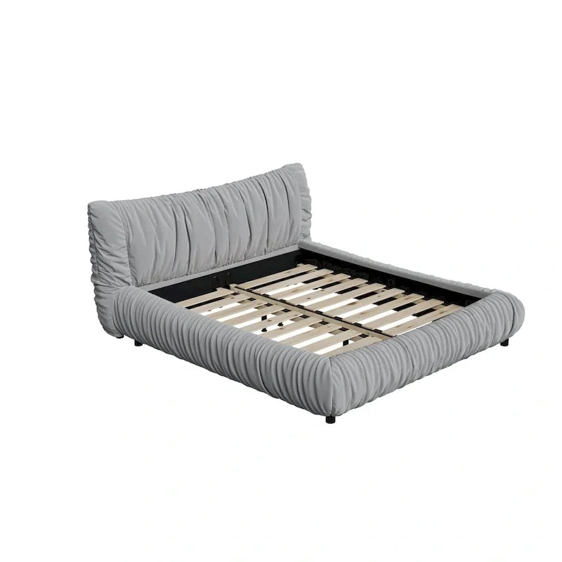 Lit plateforme de luxe king-size gris clair capitonné avec coussin amovible et cadre en bois massif