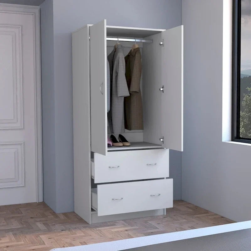 30.9 Armoire moderne à double porte avec deux tiroirs et tringle à vêtements pour chambre à coucher