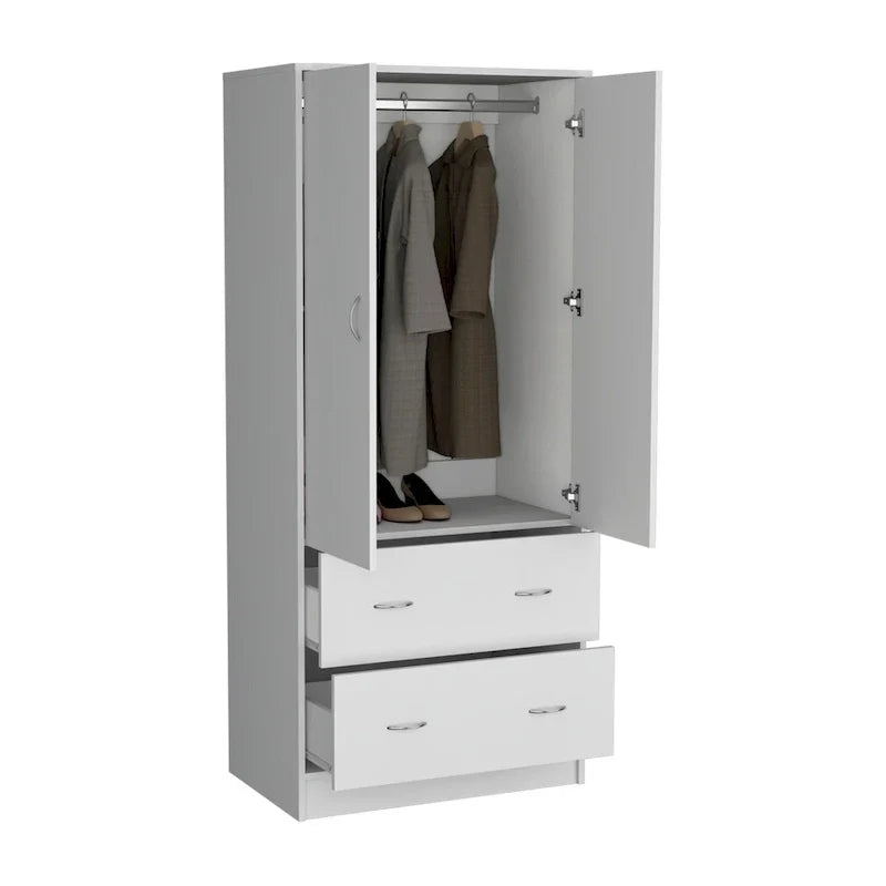 30.9 Armoire moderne à double porte avec deux tiroirs et tringle à vêtements pour chambre à coucher