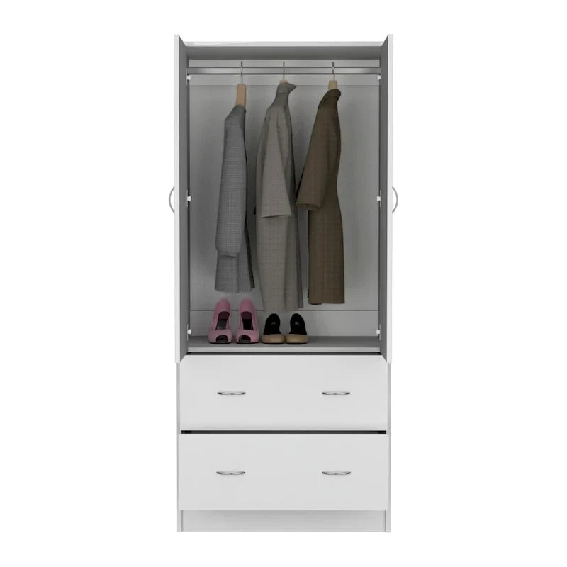 30.9 Armoire moderne à double porte avec deux tiroirs et tringle à vêtements pour chambre à coucher