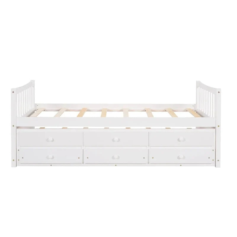 Lit de repos double en bois avec lit gigogne, tiroirs et tête de lit