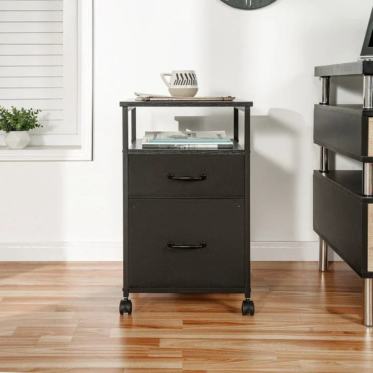 Meuble de classement mobile à 2 tiroirs avec support d'imprimante roulant avec étagère de rangement ouverte, armoire de classement verticale en tissu
