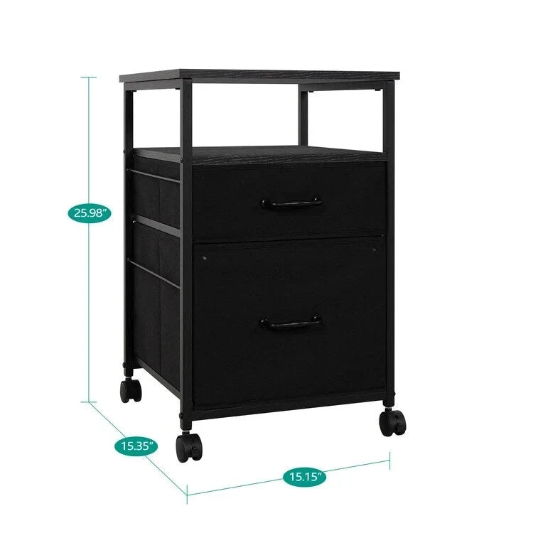Meuble de classement mobile à 2 tiroirs avec support d'imprimante roulant avec étagère de rangement ouverte, armoire de classement verticale en tissu