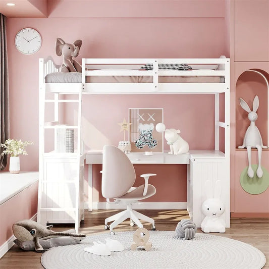 Lit mezzanine double Merax avec tiroirs, armoire, étagères et bureau
