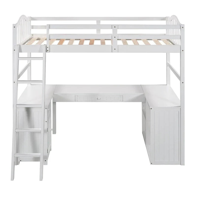 Lit mezzanine double Merax avec tiroirs, armoire, étagères et bureau