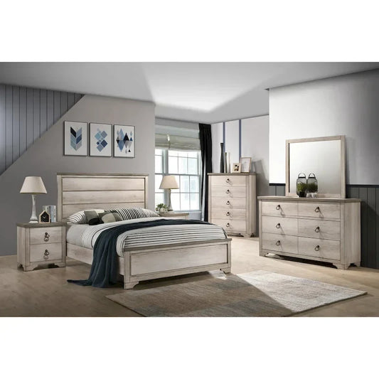 Parure de chambre 5 pièces avec tête de lit panneaux en bois flotté rustique Anallese
