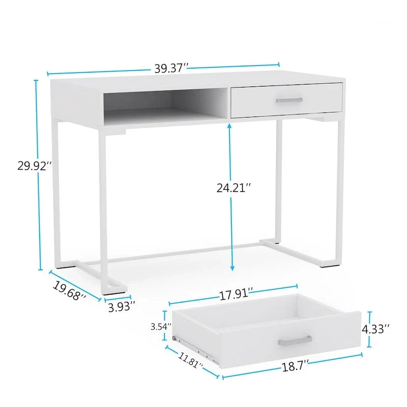 Bureau informatique blanc et doré de 100 cm avec 2 tiroirs