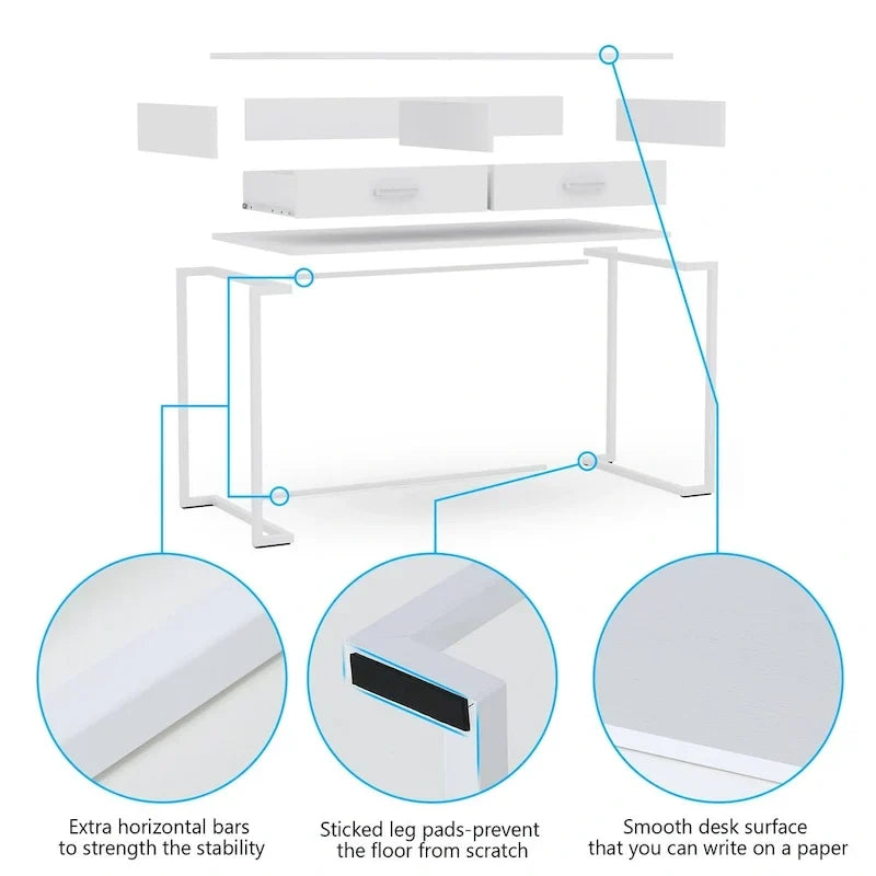 Bureau informatique blanc et doré de 100 cm avec 2 tiroirs