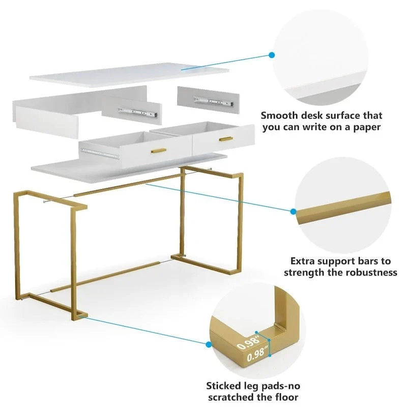 Bureau informatique blanc et doré de 100 cm avec 2 tiroirs