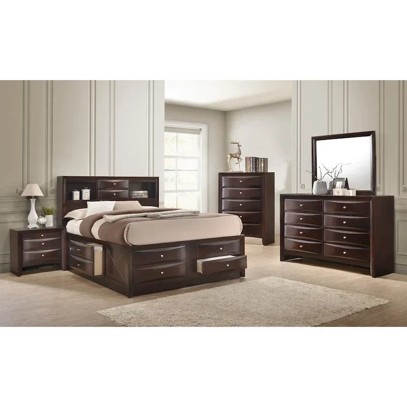 Ensemble de chambre à coucher Priscella 6 pièces en merisier foncé avec plateforme de rangement