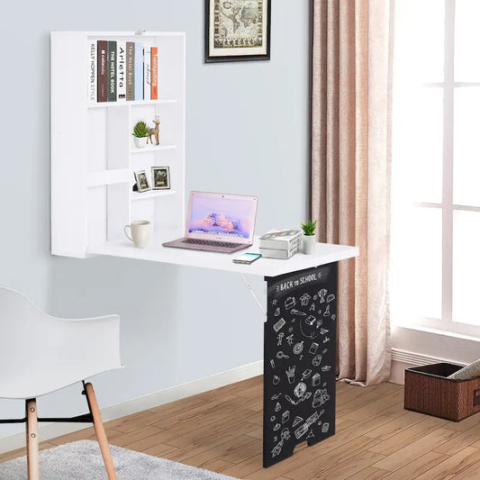 HOMCOM Bureau mural pliable : Tableau noir, rangements pour livres - Gain de place