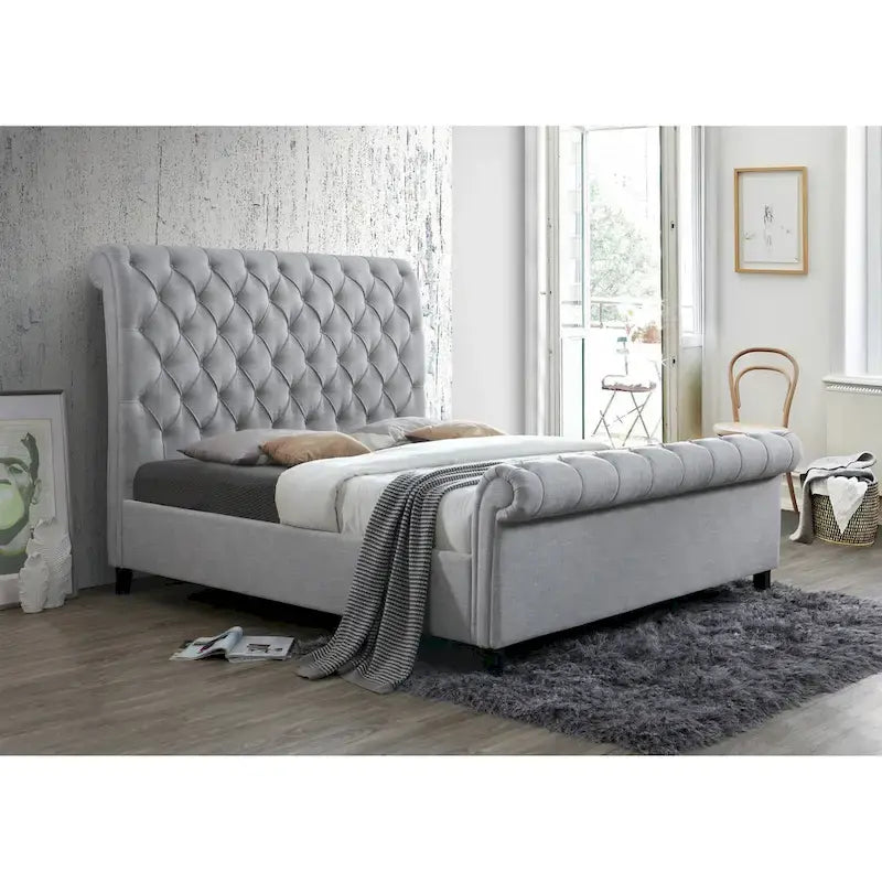 Lit plateforme traîneau capitonné en tissu gris Pietro